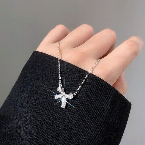 silver bow necklace, Women's bow collarbone chain, Bow necklaces for women, Bow pendant necklaces, sparkling fine rhinestone necklaces, Necklace Jewelry gift belt Gift box in Saudi Arabia