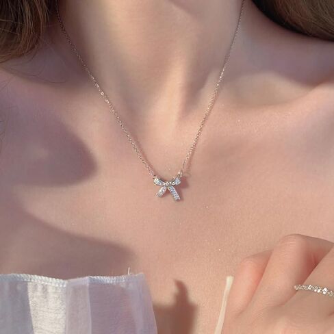 silver bow necklace, Women's bow collarbone chain, Bow necklaces for women, Bow pendant necklaces, sparkling fine rhinestone necklaces, Necklace Jewelry gift belt Gift box in Saudi Arabia