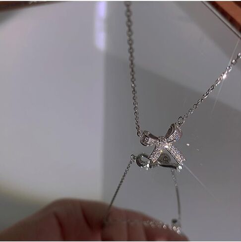 silver bow necklace, Women's bow collarbone chain, Bow necklaces for women, Bow pendant necklaces, sparkling fine rhinestone necklaces, Necklace Jewelry gift belt Gift box in Saudi Arabia