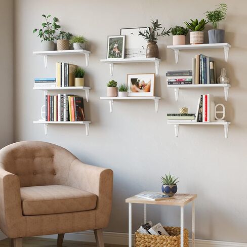 Wallniture Arras 17"x6" Floating Shelves for Wall, Bookshelf Living Room, Kitchen Shelves for Storage, Floating Shelf for Dining Room, Home Office Wall Shelf Set of 8, White, Wood in Saudi Arabia