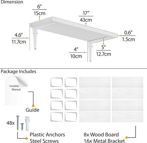 Wallniture Arras 17"x6" Floating Shelves for Wall, Bookshelf Living Room, Kitchen Shelves for Storage, Floating Shelf for Dining Room, Home Office Wall Shelf Set of 8, White, Wood in Saudi Arabia