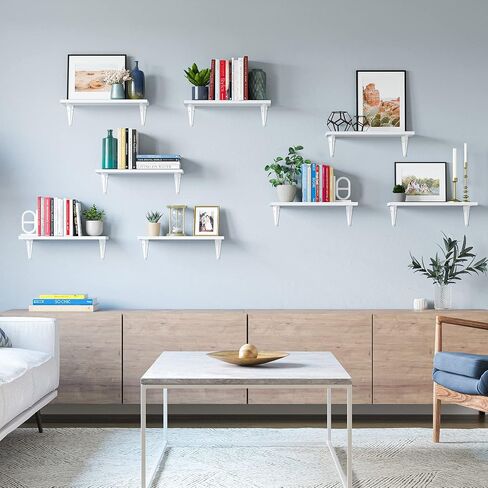 Wallniture Arras 17"x6" Floating Shelves for Wall, Bookshelf Living Room, Kitchen Shelves for Storage, Floating Shelf for Dining Room, Home Office Wall Shelf Set of 8, White, Wood in Saudi Arabia