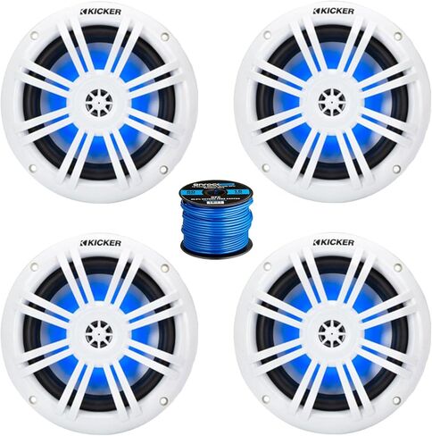 زوجان (الكمية 4) من مكبرات الصوت Kicker KM مقاس 6.5 بوصة بقدرة 150 وات من مكبرات الصوت البحرية البيضاء مع إضاءة LED زرقاء وسلك مكبر الصوت in Kuwait