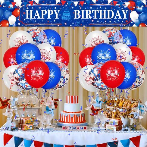 Red White and Blue Birthday Decorations 24Pcs Blue Red White Birthday Balloons and Red White Blue Birthday Banner for 4th of July Independence Day Patriotic Baseball Baby Shower Birthday Party in Kuwait