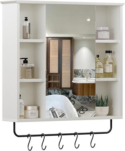 ChooChoo Medicine Cabinet with Mirror, Wall Mounted Bathroom Storage Cabinet with Mirror Door, Removable Shelves and 6 Open Shelves, Grey in Saudi Arabia