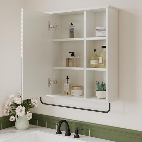 ChooChoo Medicine Cabinet with Mirror, Wall Mounted Bathroom Storage Cabinet with Mirror Door, Removable Shelves and 6 Open Shelves, Grey in Saudi Arabia