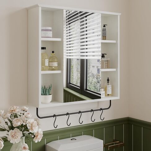 ChooChoo Medicine Cabinet with Mirror, Wall Mounted Bathroom Storage Cabinet with Mirror Door, Removable Shelves and 6 Open Shelves, Grey in Saudi Arabia