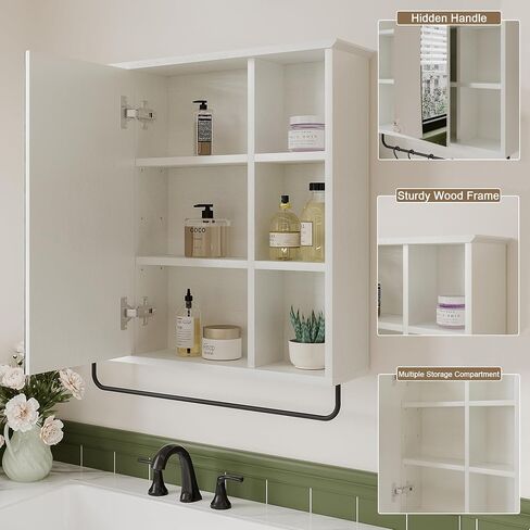 ChooChoo Medicine Cabinet with Mirror, Wall Mounted Bathroom Storage Cabinet with Mirror Door, Removable Shelves and 6 Open Shelves, Grey in Saudi Arabia
