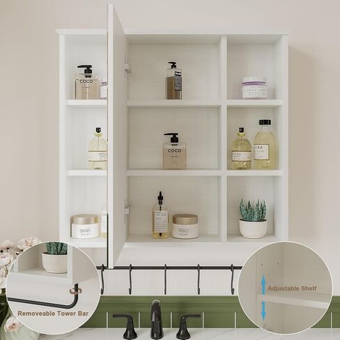 ChooChoo Medicine Cabinet with Mirror, Wall Mounted Bathroom Storage Cabinet with Mirror Door, Removable Shelves and 6 Open Shelves, Grey in Saudi Arabia