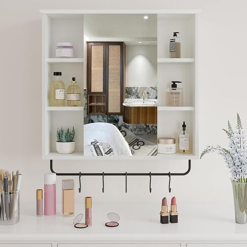 ChooChoo Medicine Cabinet with Mirror, Wall Mounted Bathroom Storage Cabinet with Mirror Door, Removable Shelves and 6 Open Shelves, Grey in Saudi Arabia