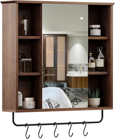 ChooChoo Medicine Cabinet with Mirror, Wall Mounted Bathroom Storage Cabinet with Mirror Door, Removable Shelves and 6 Open Shelves, Grey in Saudi Arabia