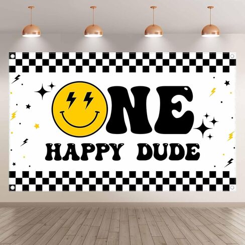 72x43inch One Happy Dude Backdrop Smiley Face Theme Photography Background for Kids 1st Birthday Party Decorations Hippie Groovy Photo Banner Booth in Saudi Arabia