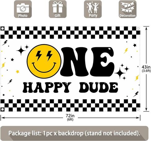 72x43inch One Happy Dude Backdrop Smiley Face Theme Photography Background for Kids 1st Birthday Party Decorations Hippie Groovy Photo Banner Booth in Saudi Arabia