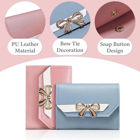 FuninCrea Small Wallets Woman, Leather Women Purse Credit Card Holder for Women, Womens Wallet Slim Wallet Soft Cute Wallet with Bow Knot & Buckle Bifold Ladies Wallet with ID Window (Blue) in Saudi Arabia