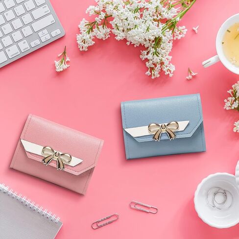 FuninCrea Small Wallets Woman, Leather Women Purse Credit Card Holder for Women, Womens Wallet Slim Wallet Soft Cute Wallet with Bow Knot & Buckle Bifold Ladies Wallet with ID Window (Blue) in Saudi Arabia