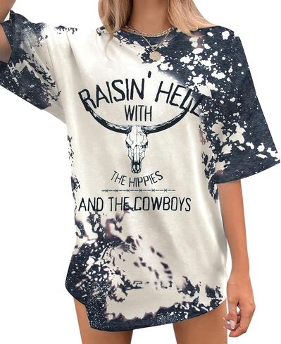 Retro Steer Skull Oversized T-Shirt Women Western Graphic Tees Cowgirl Country Shirts Vintage Loose Short Sleeve Tops in Saudi Arabia