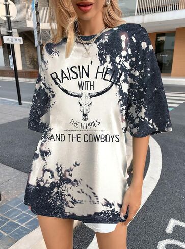 Retro Steer Skull Oversized T-Shirt Women Western Graphic Tees Cowgirl Country Shirts Vintage Loose Short Sleeve Tops in Saudi Arabia