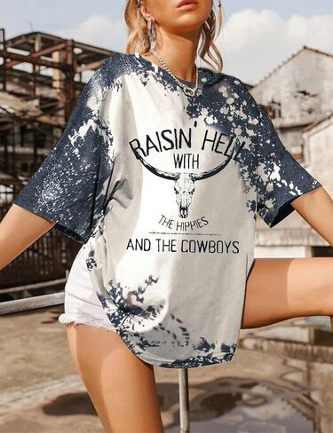 Retro Steer Skull Oversized T-Shirt Women Western Graphic Tees Cowgirl Country Shirts Vintage Loose Short Sleeve Tops in Saudi Arabia
