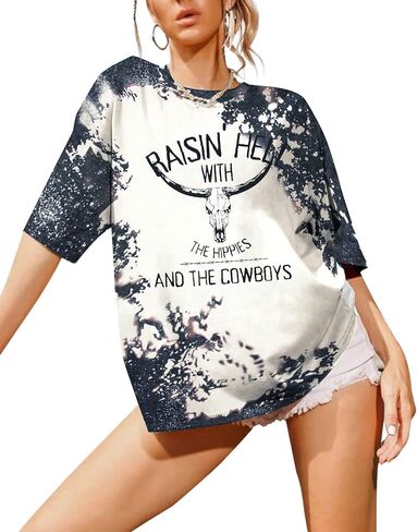 Retro Steer Skull Oversized T-Shirt Women Western Graphic Tees Cowgirl Country Shirts Vintage Loose Short Sleeve Tops in Saudi Arabia