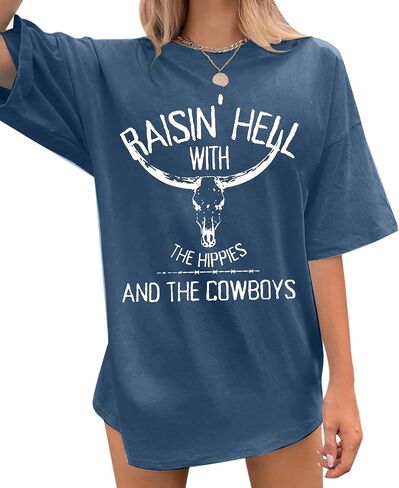Retro Steer Skull Oversized T-Shirt Women Western Graphic Tees Cowgirl Country Shirts Vintage Loose Short Sleeve Tops in Saudi Arabia