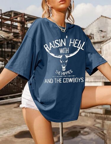 Retro Steer Skull Oversized T-Shirt Women Western Graphic Tees Cowgirl Country Shirts Vintage Loose Short Sleeve Tops in Saudi Arabia