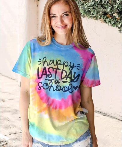 IZYJOY Last Day of School Teacher Shirts Women End of Year Teacher Tie Dye Tshirt School Graduation Tee Appreciation Gift Top in Saudi Arabia