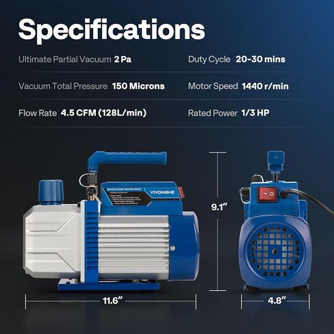 VIVOHOME 110V 1/3 HP 4.5CFM مضخة تفريغ تكييف الهواء أحادية المرحلة ومجموعة قياس مشعب التيار المتردد، محرك بدون بريق لأنظمة R32 R1234yf R134a R22 R410a، إعادة شحن تبريد تكييف الهواء HVAC in Saudi Arabia