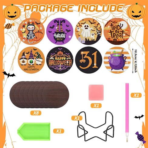 Suttmin 8 قطع من أطقم الأكواب الماسية للهالوين مجموعات الماس DIY مع حامل قواعد أكواب جنوم اليقطين شبح الماس للبالغين والأطفال عيد الميلاد من أجل هدية الحفلات المبتدئة in Kuwait