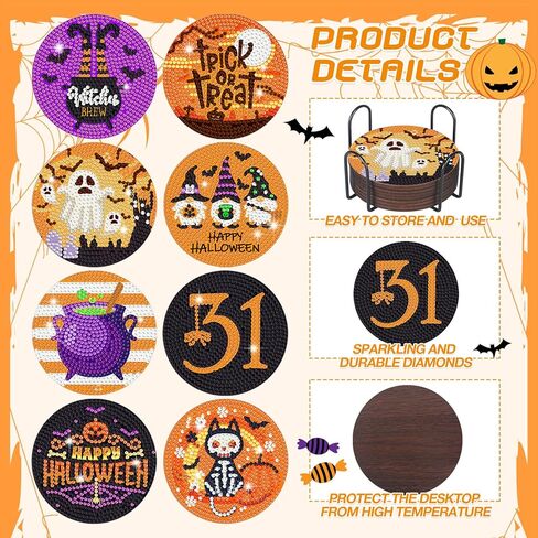 Suttmin 8 قطع من أطقم الأكواب الماسية للهالوين مجموعات الماس DIY مع حامل قواعد أكواب جنوم اليقطين شبح الماس للبالغين والأطفال عيد الميلاد من أجل هدية الحفلات المبتدئة in Kuwait