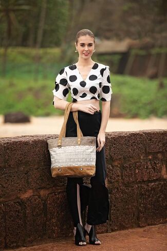 Myra Bag Oromos Upcycled Canvas & Cowhide Leather Tote Bag S-1268, Brown, One_Size in Saudi Arabia