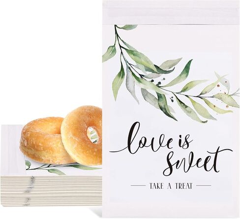Whaline 150Pcs Wedding Favors Candy Buffet Bags Self-Adhesive Love Is Sweet Wedding Treat Bags Green Leaves Pattern Cookie Snack Bag White Kraft Paper Party Favor Bags for Gifts, 5 x 7.3 Inch in Saudi Arabia
