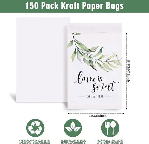 Whaline 150Pcs Wedding Favors Candy Buffet Bags Self-Adhesive Love Is Sweet Wedding Treat Bags Green Leaves Pattern Cookie Snack Bag White Kraft Paper Party Favor Bags for Gifts, 5 x 7.3 Inch in Saudi Arabia