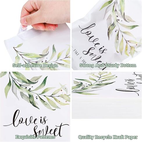 Whaline 150Pcs Wedding Favors Candy Buffet Bags Self-Adhesive Love Is Sweet Wedding Treat Bags Green Leaves Pattern Cookie Snack Bag White Kraft Paper Party Favor Bags for Gifts, 5 x 7.3 Inch in Saudi Arabia