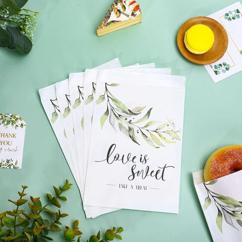 Whaline 150Pcs Wedding Favors Candy Buffet Bags Self-Adhesive Love Is Sweet Wedding Treat Bags Green Leaves Pattern Cookie Snack Bag White Kraft Paper Party Favor Bags for Gifts, 5 x 7.3 Inch in Saudi Arabia