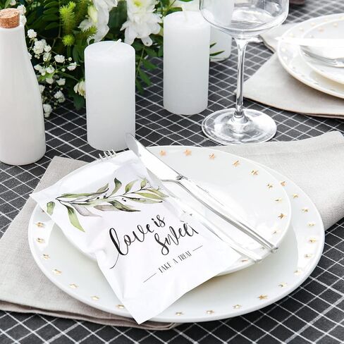 Whaline 150Pcs Wedding Favors Candy Buffet Bags Self-Adhesive Love Is Sweet Wedding Treat Bags Green Leaves Pattern Cookie Snack Bag White Kraft Paper Party Favor Bags for Gifts, 5 x 7.3 Inch in Saudi Arabia