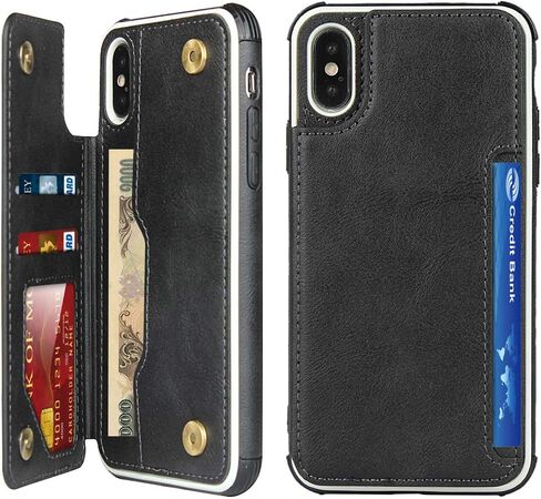 حافظة هاتف Cavor لهاتف iPhone Xs Max مع حامل بطاقة، حافظة محفظة مع حاملي بطاقات الائتمان لهاتف iPhone Xs Max، حافظات فتحات بطاقات من جلد البولي يوريثان [مسند] [حزام معصم] غطاء مقاوم للصدمات للنساء والرجال - أسود in Kuwait