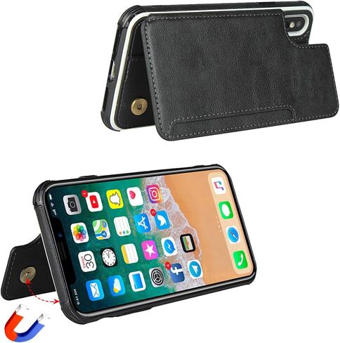 حافظة هاتف Cavor لهاتف iPhone Xs Max مع حامل بطاقة، حافظة محفظة مع حاملي بطاقات الائتمان لهاتف iPhone Xs Max، حافظات فتحات بطاقات من جلد البولي يوريثان [مسند] [حزام معصم] غطاء مقاوم للصدمات للنساء والرجال - أسود in Kuwait