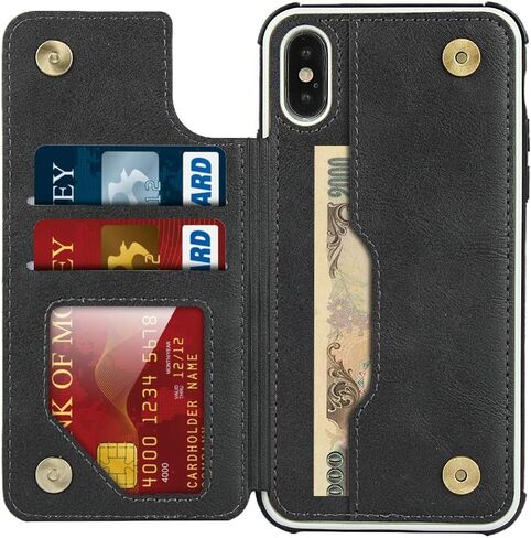 حافظة هاتف Cavor لهاتف iPhone Xs Max مع حامل بطاقة، حافظة محفظة مع حاملي بطاقات الائتمان لهاتف iPhone Xs Max، حافظات فتحات بطاقات من جلد البولي يوريثان [مسند] [حزام معصم] غطاء مقاوم للصدمات للنساء والرجال - أسود in Kuwait