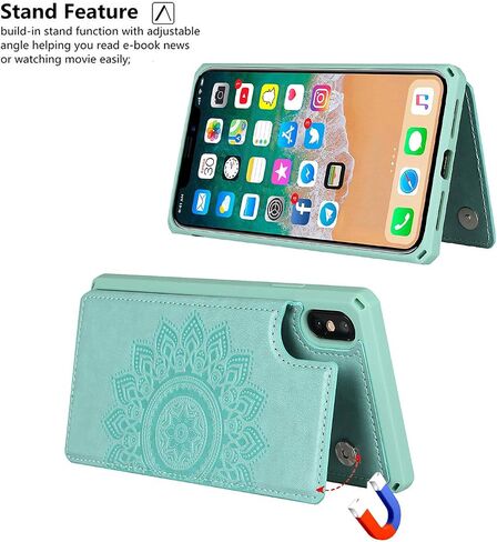 حافظة هاتف Cavor لهاتف iPhone Xs Max مع حامل بطاقة، حافظة محفظة مع حاملي بطاقات الائتمان لهاتف iPhone Xs Max، حافظات فتحات بطاقات من جلد البولي يوريثان [مسند] [حزام معصم] غطاء مقاوم للصدمات للنساء والرجال - أسود in Kuwait