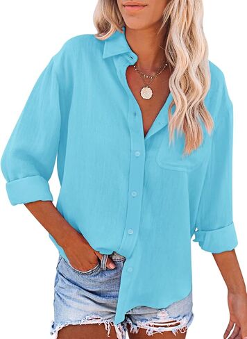 Womens Button Down Shirts Cotton Dress Shirt Long Sleeve V Neck Solid Blouse Tops Casual Tunics with Pockets in Saudi Arabia