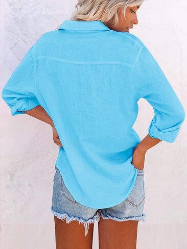 Womens Button Down Shirts Cotton Dress Shirt Long Sleeve V Neck Solid Blouse Tops Casual Tunics with Pockets in Saudi Arabia