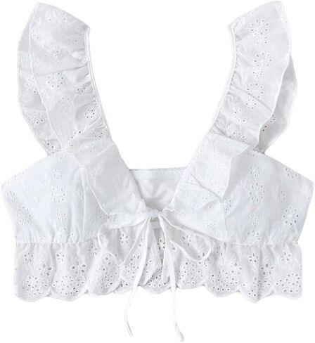 Floerns Women's Ruffle Sleeveless Blouses Eyelet Embroidery Tie Front Crop Tops in Saudi Arabia