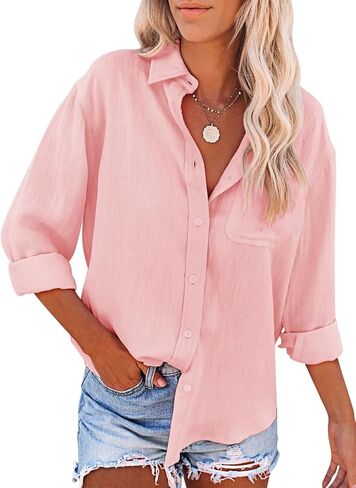 Womens Button Down Shirts Cotton Dress Shirt Long Sleeve V Neck Solid Blouse Tops Casual Tunics with Pockets in Saudi Arabia