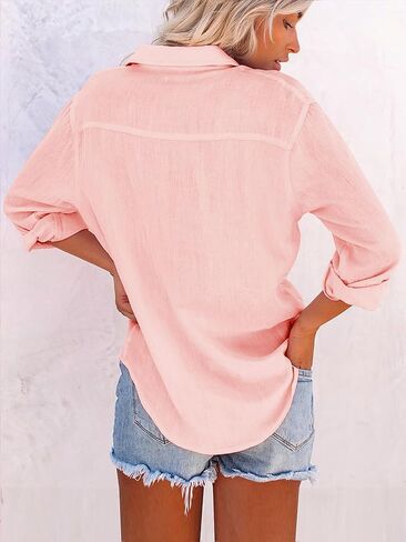Womens Button Down Shirts Cotton Dress Shirt Long Sleeve V Neck Solid Blouse Tops Casual Tunics with Pockets in Saudi Arabia
