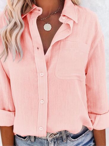 Womens Button Down Shirts Cotton Dress Shirt Long Sleeve V Neck Solid Blouse Tops Casual Tunics with Pockets in Saudi Arabia