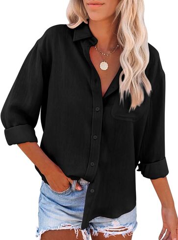 Womens Button Down Shirts Cotton Dress Shirt Long Sleeve V Neck Solid Blouse Tops Casual Tunics with Pockets in Saudi Arabia