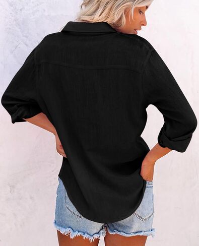 Womens Button Down Shirts Cotton Dress Shirt Long Sleeve V Neck Solid Blouse Tops Casual Tunics with Pockets in Saudi Arabia