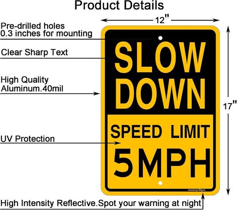 Slow Down Speed Limit 5 MPH Sign,Traffic Sign,17 x 12 inches,Reflective Aluminum,UV Protected,Weather Resistant,Waterproof,Durable Ink,Outdoor Use,Easy to Mount(2 Pack) in Saudi Arabia