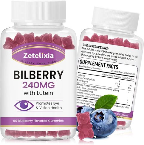 Sugar Free Bilberry Extract Supplement for Eyes Gummies 240mg,Eye Supplements with Lutein Zeaxanthin Bilberry for Men Woman,Support Macular Eye Pressure Health,Blue Light Filtering,120 Count in Kuwait