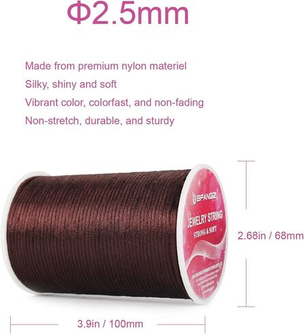 Satin Rattail Nylon Cord,2.5mm x 110 Yards Brown Beading String for Macrame Jewelry Necklaces Bracelets Making Chinese Knot Craft Trim Bulk Beading Thread(2.5, Brown) (DX2203FUTI) in Saudi Arabia